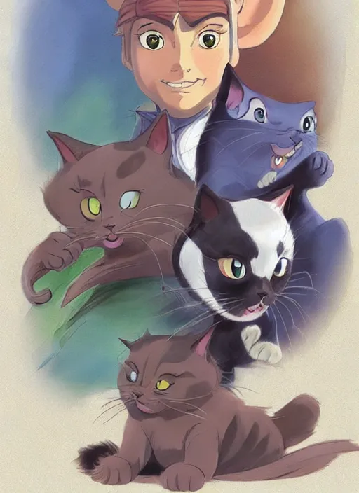 Image similar to official digital painting artwork of a cat character by don bluth, ross tran and studio ghibli.