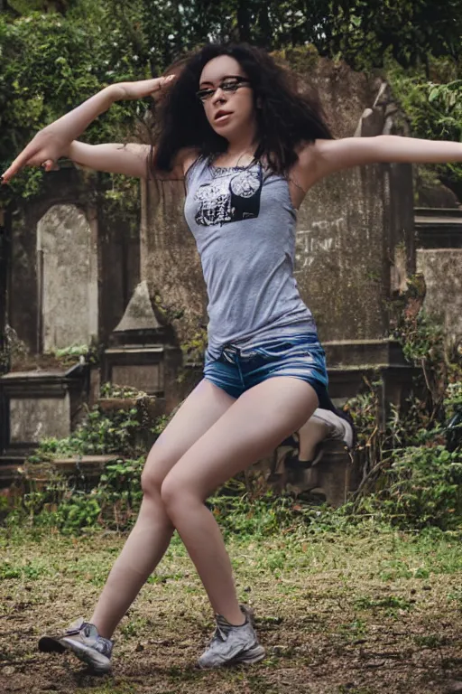 Prompt: egirl doing a shuffle dance in an abandoned graveyard