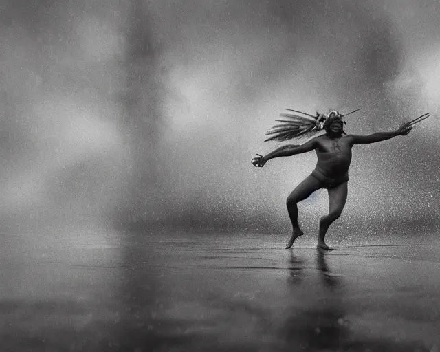 Prompt: a native indian rain dancing, black and white photograph, atmospheric, anatomy, highly detailed, smooth, sharp focus, by ron haviv and vivia maier