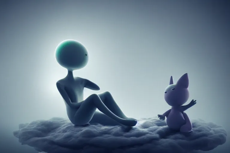 Image similar to a cute alien sitting on a cloud relaxing, misty, glows, blender render, hazy, foggy, red lighting,