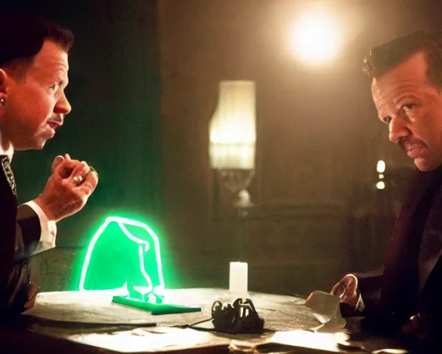 Prompt: mafia boss ( donnie wahlberg ) examines a magical glowing emerald ; scene from the modern hbo mini series / the outfit /, a supernatural mafia crime thriller about magical monster - hunting mafiosi in philadelphia, hd 8 k film photography, with modern supernatural horror aesthetic.