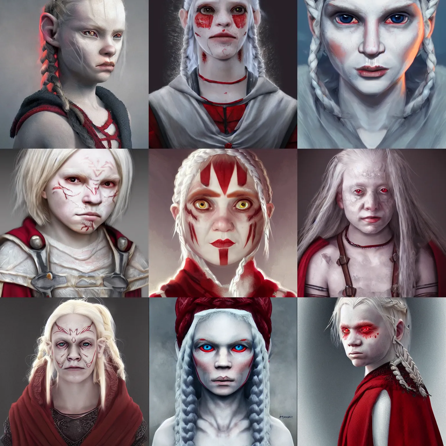 Prompt: realistic portrait of a young albino female halfling with red! eyes and white! braided hair! and a grey! cloak and geometric facial tattoos!!!!!!, haunted and sad expression, artstation, cinematic lighting, 8 k, digital art