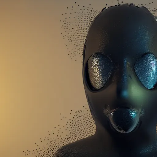 Prompt: 3 d fluid simulation render, octane render, xparticles, black color, female face in latex balaclava and mask,