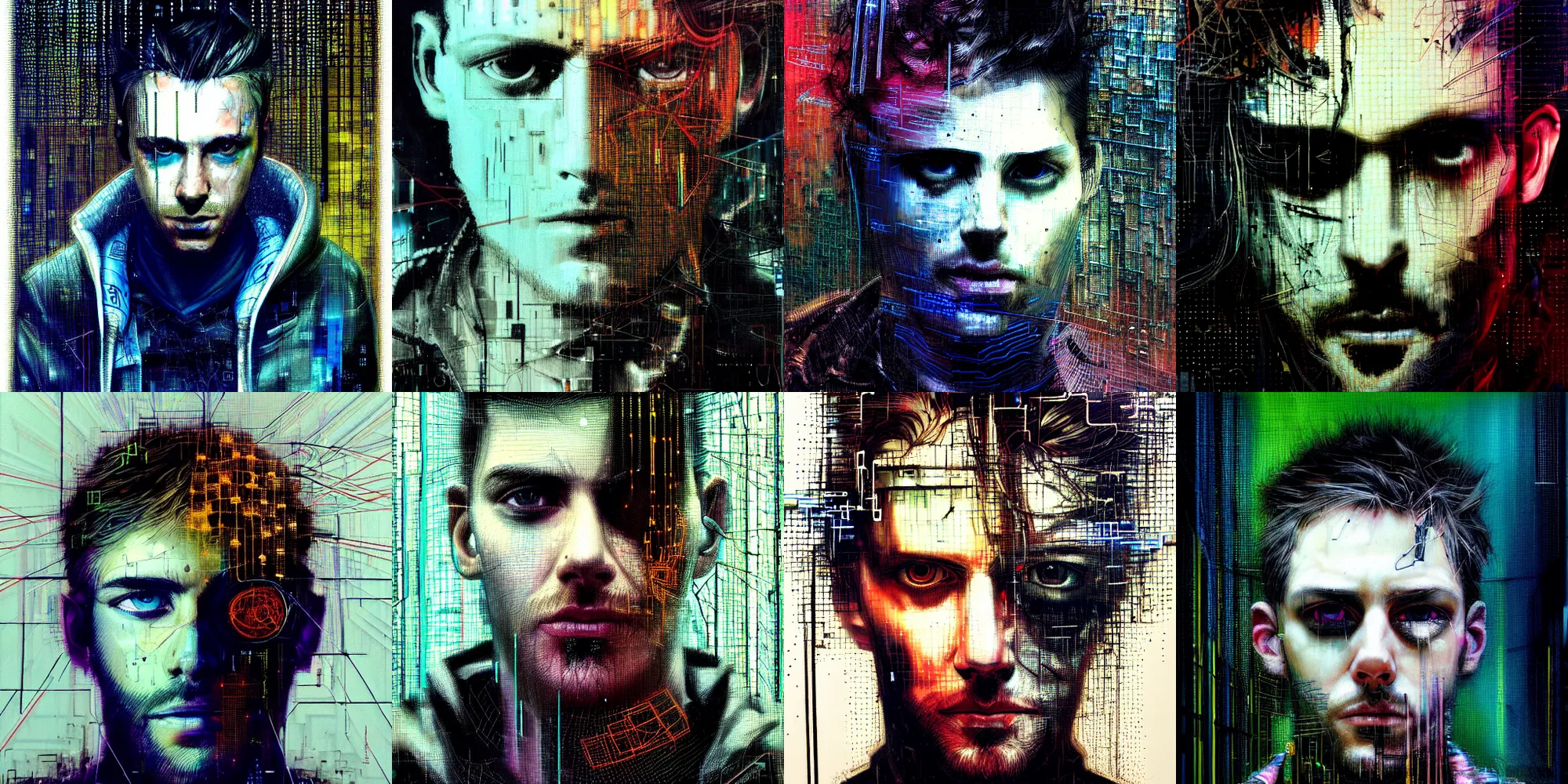 Prompt: hyperrealistic portrait of a cyberpunk man, photorealistic, young adult, medium hair, immersed within a network, glitch eyes, by Guy Denning, Russ Mills, Johanne Ittes, glitch art, hyper focus, fine detail, polished, complex, hacking effects, glitch effects, holographic, color blocking!, realistic, acrylic on canvas, concept art, abstract!, symmetrical, 8k, octane, cgsociety, trending on artstation