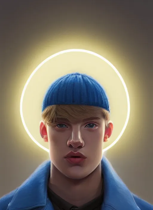 Image similar to portrait of high school senior boy named big moose, blonde short hair, jock, beefy, wide face, square jaw, square facial structure, blue varsity jacket with letter r, intricate, elegant, glowing lights, highly detailed, digital painting, artstation, concept art, sharp focus, illustration, art by wlop, mars ravelo and greg rutkowski