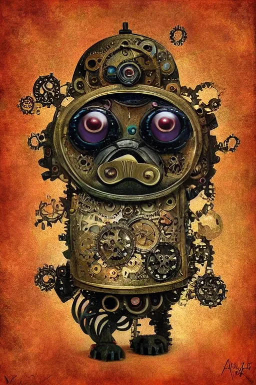 Prompt: robot pug, made of cogs, fairytale, magic realism, steampunk, mysterious, vivid colors, by andy kehoe, mark ryden