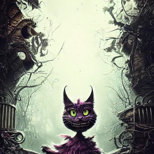 Prompt: The Cheshire Cat at the Dark Carnival, highly detailed, artstation, intricate, smooth, sharp focus, dark, horror, illustration, art by greg rutkowski and Yuumei, good clear quality, lighting, biology, symmetrical artwork, perfect face, 135 mm, cinematic, hyper realism, high detail, octane render, 8k, crimson highlights