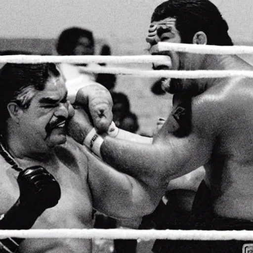 Prompt: george bush fighting sadam hussein in the mexican luchador wrestling ring
