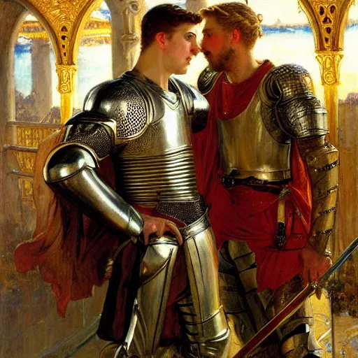 Image similar to attractive fully clothed arthur pendragon confesses his love for his attractive fully clothed male knight. highly detailed painting by gaston bussiere and j. c. leyendecker 8 k