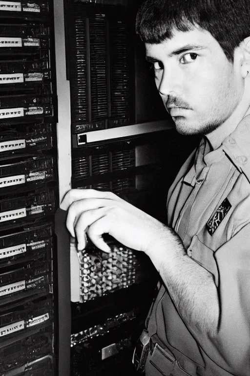 Prompt: extremely detailed closeup portrait arrest photo of the programmer who killed the middle manager who bought an ibm mainframe and actually thought that was a good idea. high contrast color, orange jumpsuit, absolutely no regrets