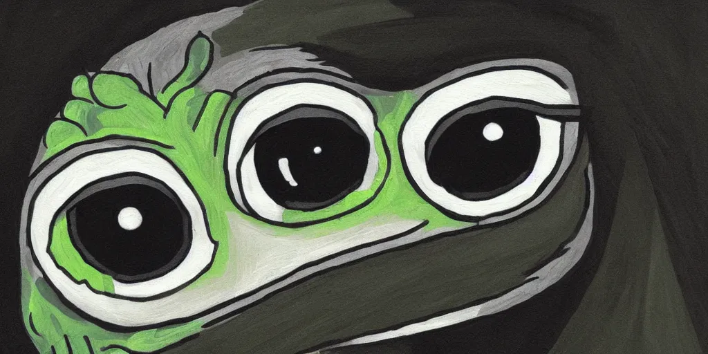 Image similar to sad pepe, big eyes, dark background, crying, emotional painting, high quality, detailed