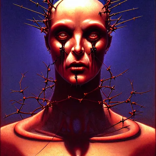 Prompt: cinematic masterpiece bust portrait of a gothic degenerate cyberpunk trader demon goddess of good morning, head and bust only, crown of wires and thorns, by Wayne Barlowe, by Leonardo DaVinci, by Tim Hildebrandt, by Bruce Pennington, by Zdzisław Beksiński, by Paul Lehr, oil on canvas, masterpiece, trending on artstation, featured on pixiv, cinematic composition, astrophotography, dramatic pose, beautiful lighting, sharp, details, details, details, hyper-detailed, no frames, HD, HDR, 4K, 8K