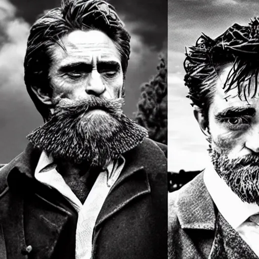 Image similar to Willem Dafoe with a beard and Robert Pattinson with a moustache in The Lighthouse (2019), high contrast, black and white cinematography