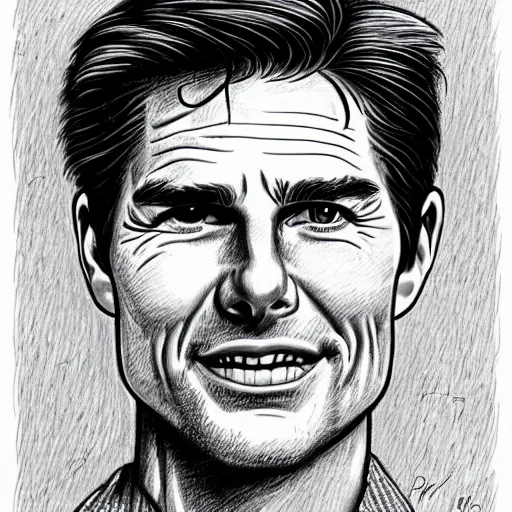 Image similar to a portrait drawing of Tom Cruise drawn by Robert Crumb