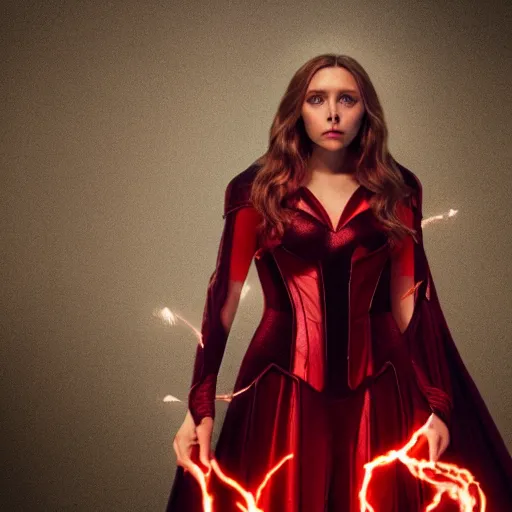 Image similar to elizabeth olsen as the scarlet witch emanates magic from her palms, full - body portrait, 3 5 mm!!!!! photography, disdain facial expression, messy!!!!! hair, trending on artstation, photorealistic!!!!!, 4 k, 8 k