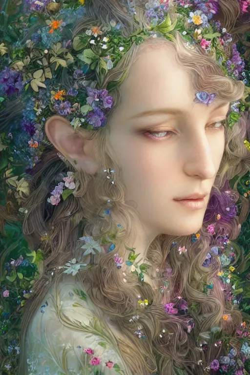 Prompt: a portrait of a beautiful elvish goddess with beautiful flowers composition in her hairs, hairs shining , fairy-like , 8k, highly detailed, sharp focus, ethereal clothes, astral environment, in style of Anna Dittmann and Mark Arial and Artgerm and Gerald Brom