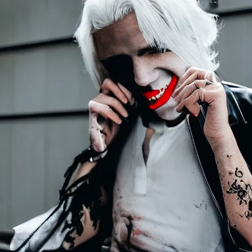 Image similar to A vampire with white hair wearing sick Dr. Martens shoes