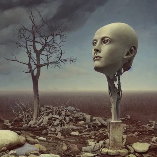 Prompt: the ego separates, hyperrealistic surrealism, dreamscape, happy, uplifting, positive vibes, david friedrich, award winning masterpiece with incredible details, zhang kechun, a surreal vaporwave vaporwave vaporwave vaporwave vaporwave painting by thomas cole of a gigantic broken mannequin head sculpture in ruins, astronaut lost in liminal space, highly detailed, trending on artstation