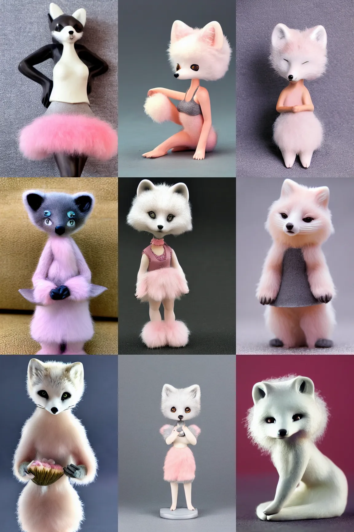 Prompt: figurine of a beautiful anthropomorphic arctic fox girl, digitigrade, wearing a gray crop top and pink skirt, cute fluffy chest, fluffy ears, cute pose, toy figurine