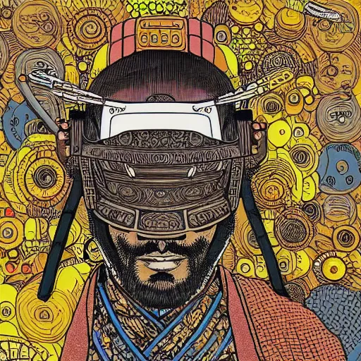 Image similar to intricate detailed artwork of a samurai dj at an underground warehouse rave in the style of Geof Darrow, wires, speakers, neon