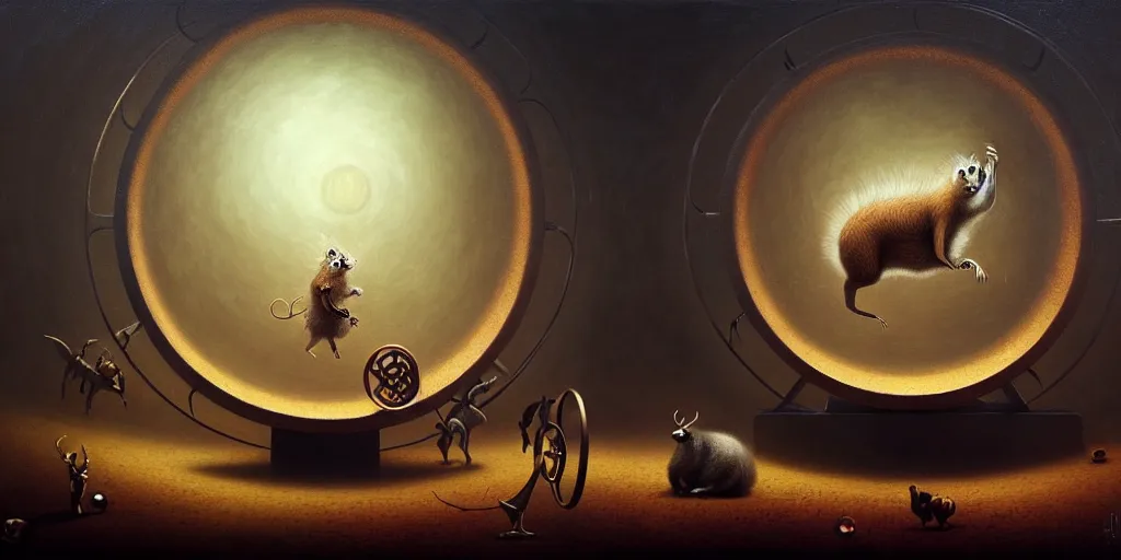 Image similar to trapped on the hedonic treadmill like a hamster on a wheel, ixion's wheel, uncanny, dark surreal oil painting by ronny khalil, shaun tan, and leonora carrington