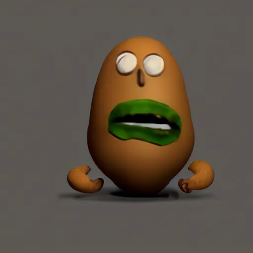 Image similar to the potato king appears before his subjects in all his glory, concept art, blender, googly eyes.