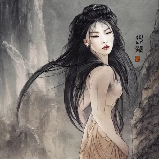 Prompt: ancient chinese princess, standing in an oasis in the desert, elegant, headshot, long black hair, ink painting, smooth, concept art, art by wlop