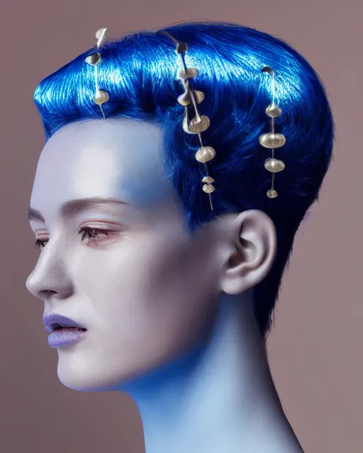 Prompt: natural light, soft focus portrait of an android with soft synthetic blue skin, bioluminescent plastics, smooth shiny metal, elaborate head piece, piercings, skin textures, by annie liebovotz,