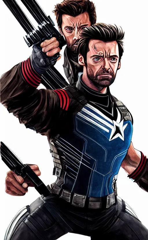 Image similar to portrait of hugh jackman as bucky barnes from the avengers infinity war, character concept art, hyperrealistic, detailed, accurate illustration, dramatic lighting, action pose