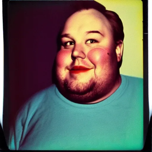 Prompt: color polaroid portrait of a fat man as taken by andy warhol. photography, instant photography, color accurate, photographer, film, integral print, studio. no marilyn monroe, no paint.