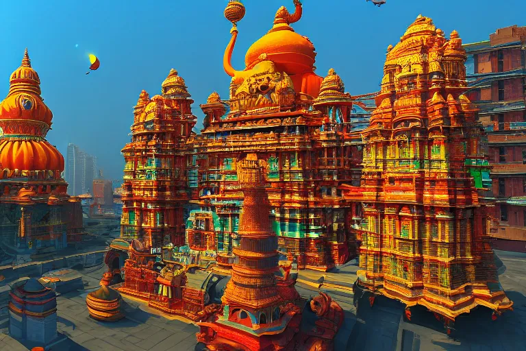 Image similar to high quality 3 d dreamscape! mumbai with biomorphic hanuman!! head building, kalighat, unreal engine hyperrealistic cinematic smooth, stephen shore & john j. park, soft morning light, wide shot, high angle, uhd 8 k, deep focus