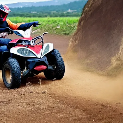 Prompt: a guy quad biking having an accident