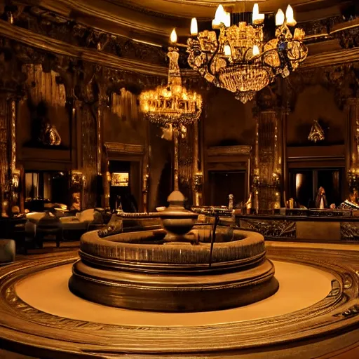 Image similar to upscale mysterious private auction, unnameable relics on display, moody lighting, extravagant details, lobby in the distance, elite