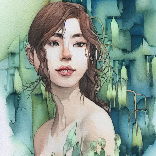 Image similar to Woman in a beautiful happy picturesque charming sci-fi city in harmony with nature. Beautiful light. Water and plants. Nice colour scheme, soft warm colour. Beautiful detailed watercolor by Lurid. (2022)