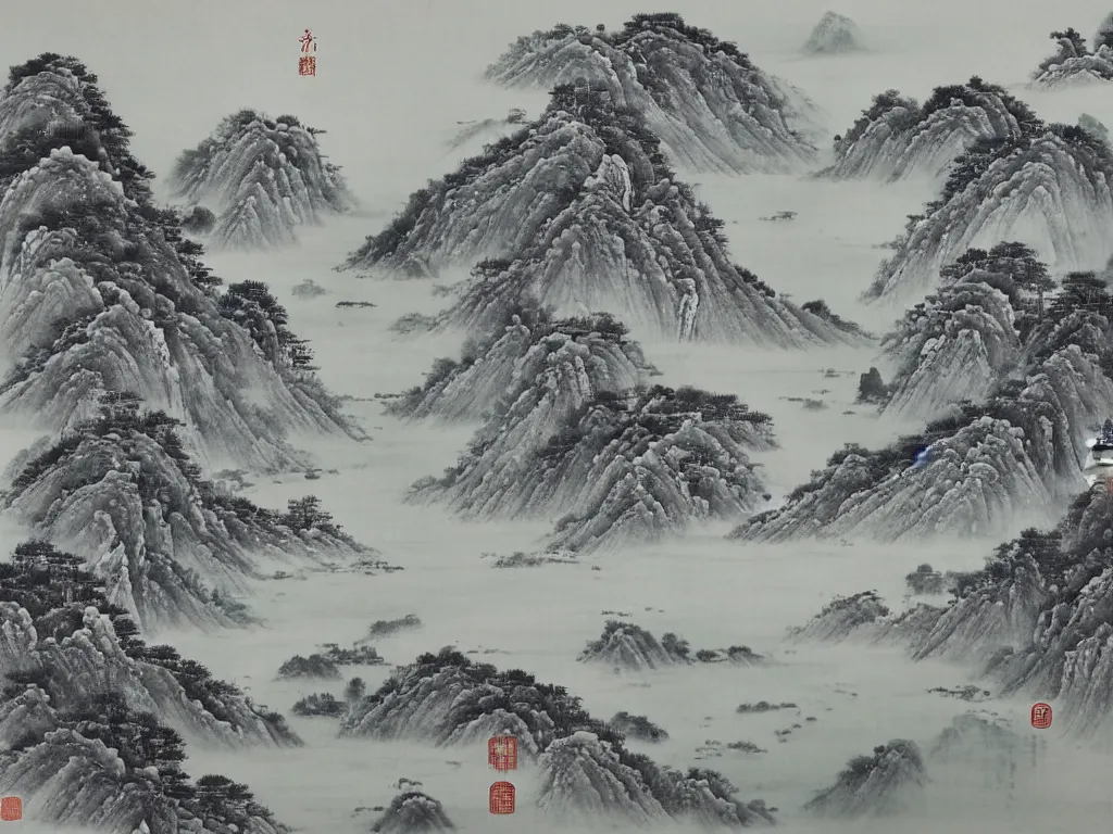 Prompt: its torrent dashes down three thousand feet from high ; as if the silver river fell from azure sky, cinematic landscape ， on a snowy day, natural light, ink painting, traditional chinese painting, by xu beihong