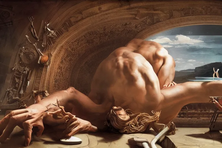 Prompt: hyperrealism aesthetic ridley scott and caravaggio and denis villeneuve style photography of a detailed giant, siting on a detailed ultra huge toilet in surreal scene from detailed art house movie in style of alejandro jodorowsky and wes anderson