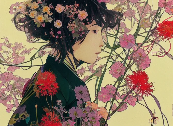 Image similar to oil painting, long shot, beautiful floralpunk japanese bio mechanical female illustration detailed patterns art of japan traditional dress, flower pop art, floral splash painting, art by ashley wood, alphonse mucha, makoto shinkai, geof darrow, dark shadow