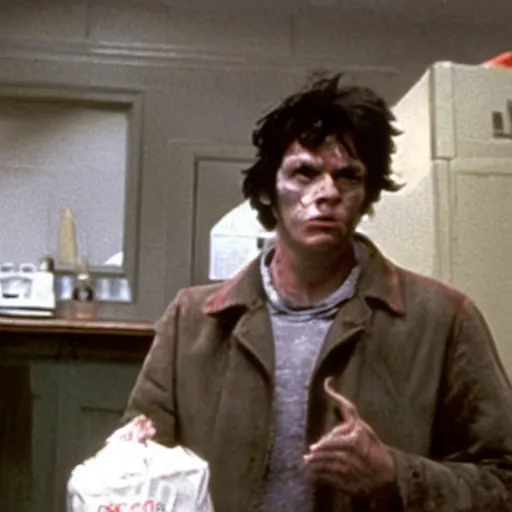 Prompt: film still of a funny looking werewolf with his hand extended, looking at a bag of flour, in an american werewolf in london