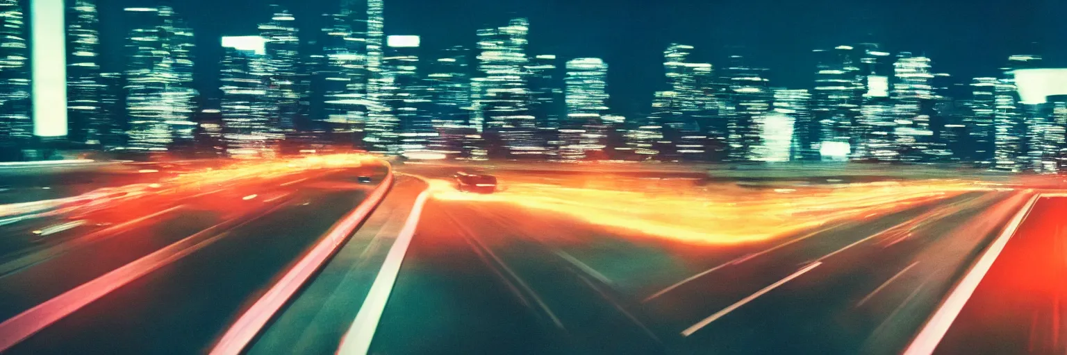 Image similar to 8 0 s neon movie still, high speed car chase on the highway with city in background, slow shutter speed, medium format color photography, movie directed by kar wai wong, hyperrealistic, photorealistic, high definition, highly detailed, tehnicolor, anamorphic lens