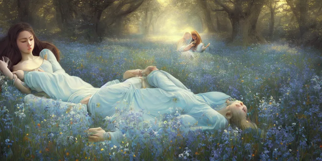 Image similar to breathtaking detailed concept art painting of sleeping in meadow goddesses of light blue flowers, orthodox saint, with anxious, piercing eyes, ornate background, amalgamation of leaves and flowers, by Hsiao-Ron Cheng, volegov, extremely moody lighting, 8K