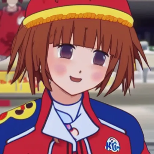 Image similar to Chiaki nanami wearing a burger king uniform, 8k