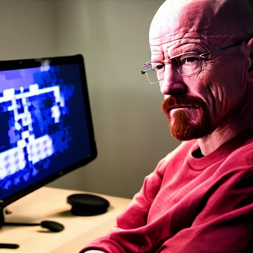 Image similar to dslr photo of walter white as a twitch streamer, playing video games, room lit with leds