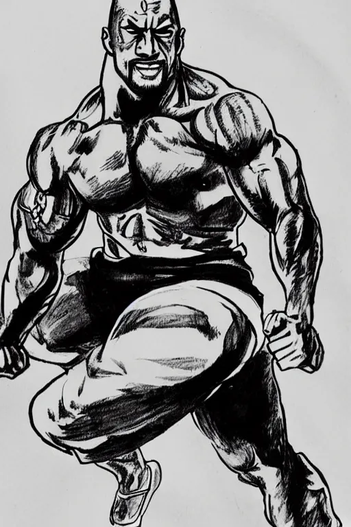 Image similar to a Manga ink drawing of Dwayne Johnson as a kung fu fighter in the style of Katsuhiro Ottomo.