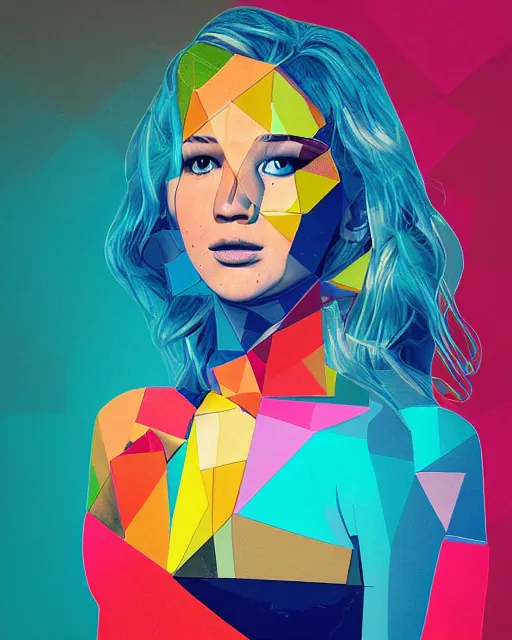 Image similar to cubist portrait of jennifer lawrence cutout digital illustration cartoon colorful beeple