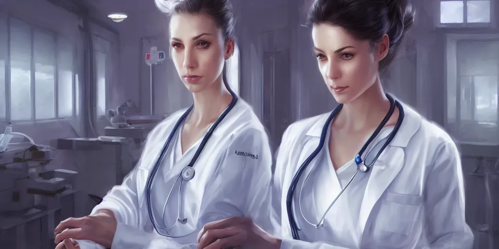 Image similar to an elegant and beautiful female doctor in a white coat working in a hospital ward, cinematic, highly detailed, digital painting, artstation, concept art, matte, sharp focus, illustration, art by artgerm and greg rutkowski