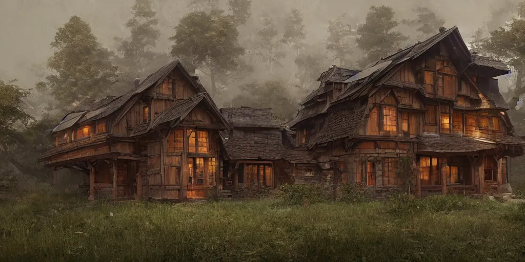 Image similar to wooden house design, character sheet, 3d render, Greg Rutkowski, Zabrocki, Karlkka, Jayison Devadas, Phuoc Quan, trending on Artstation, 8K, ultra wide angle, zenith view, pincushion lens effect