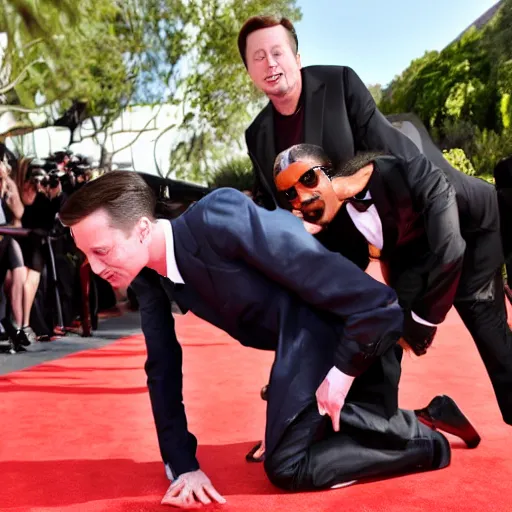 Prompt: snoop dogg french kissing elon musk on the mouth with using a long tongue, in front of paparazzi on the red carpet, 8 k, photo, award winning,