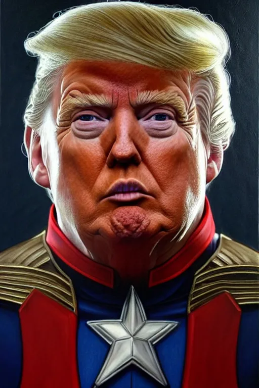 Image similar to hyperrealistic painting of Donald Trump as Captain America, D&D, fantasy, photorealism, accurate depiction, intricate, elegant, highly detailed, digital painting, post processing, extremely detailed, face symmetry, artstation, concept art, matte, smooth, sharp focus, illustration, art by Artgerm and Greg Rutkowski and Alphonse Mucha, oil painting, 8k