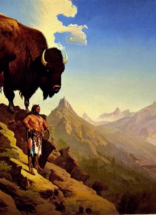 Image similar to beautiful native american riding bison, buffalo, powerful native american warrior, mountain range, beautiful sky, standing on the edge of a cliff, nineteenth century, painted by frazetta