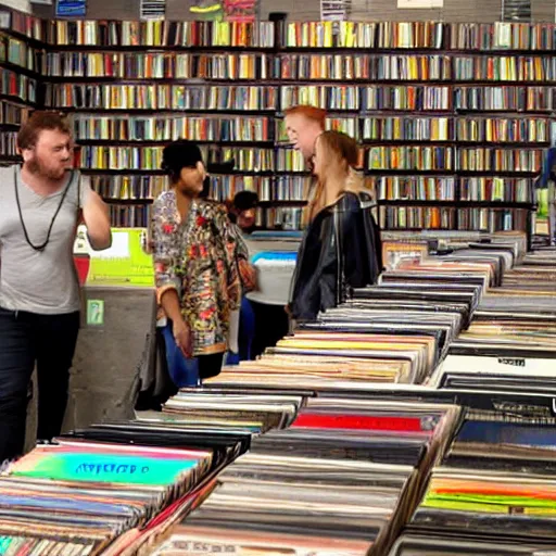 Prompt: aliens shopping in a record store